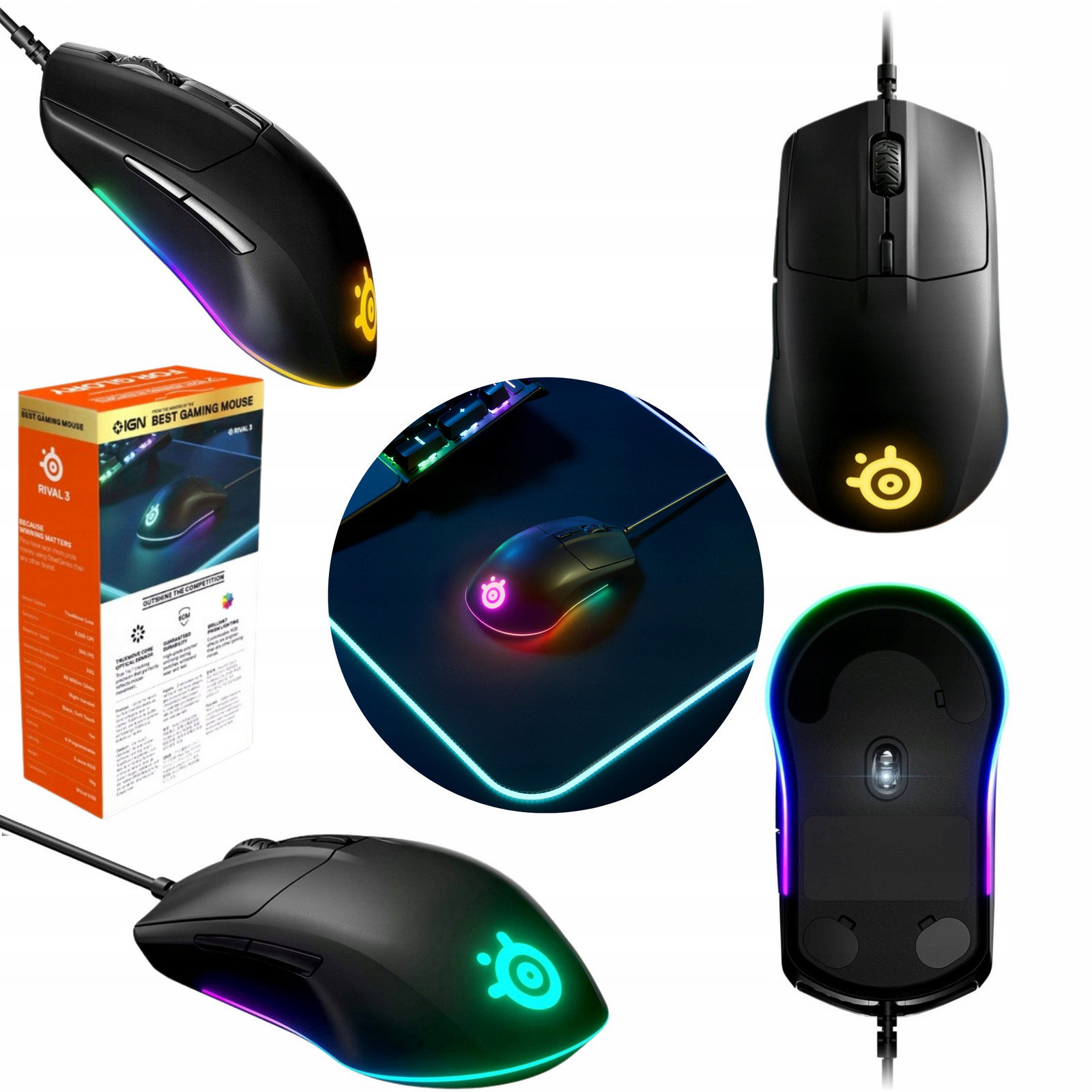 Herní myš SteelSeries Rival 3 pro hráče Drátová černá pro hry