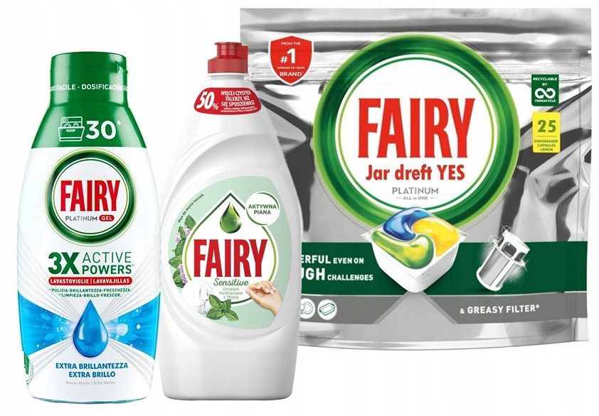 Fairy Kapsle do myčky 25 kusů, Gel do myčky 600ml, Tekutina 0,9l MIX