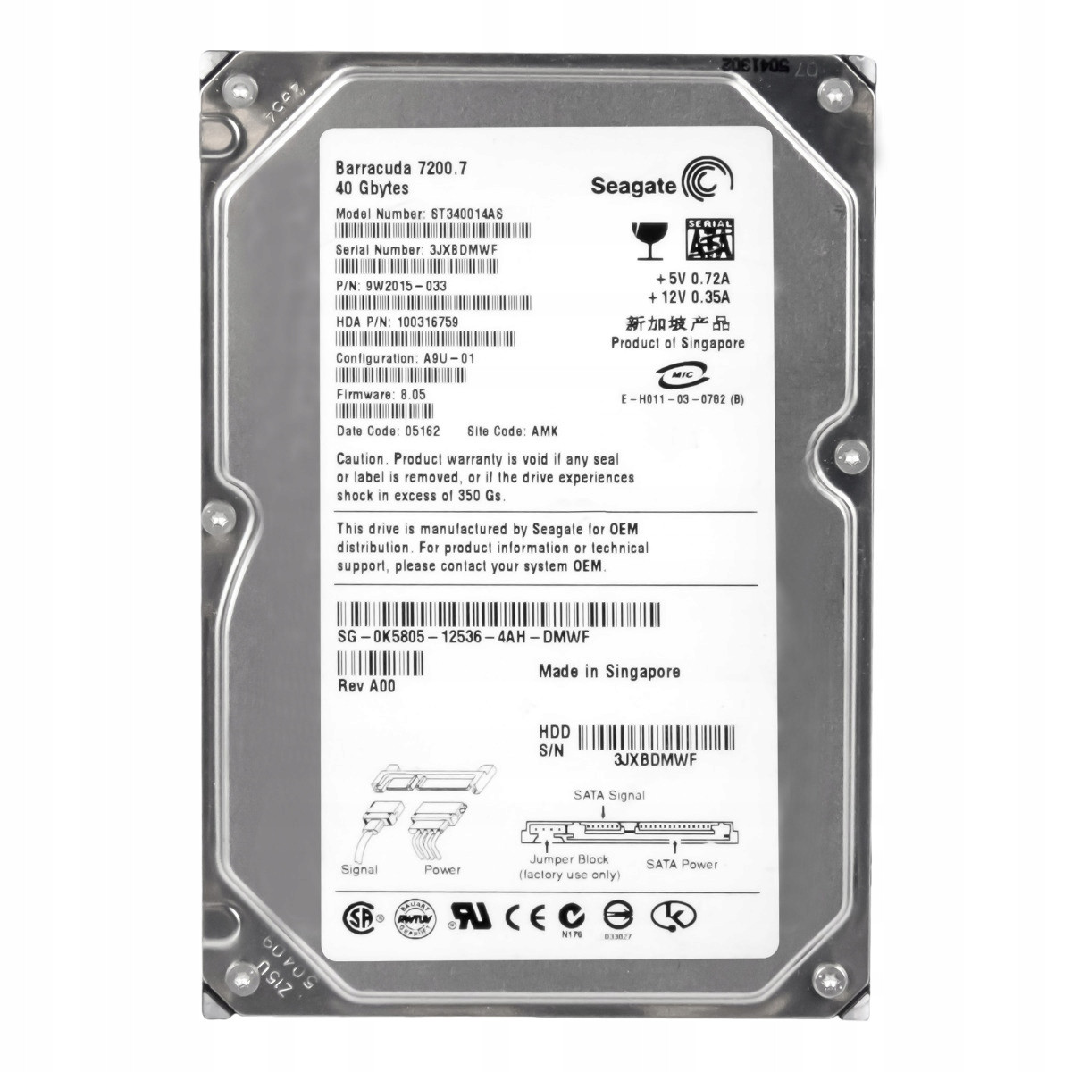 Dell 0K5805 40GB 7.2K 2MB Sata 3.5'' ST340014AS