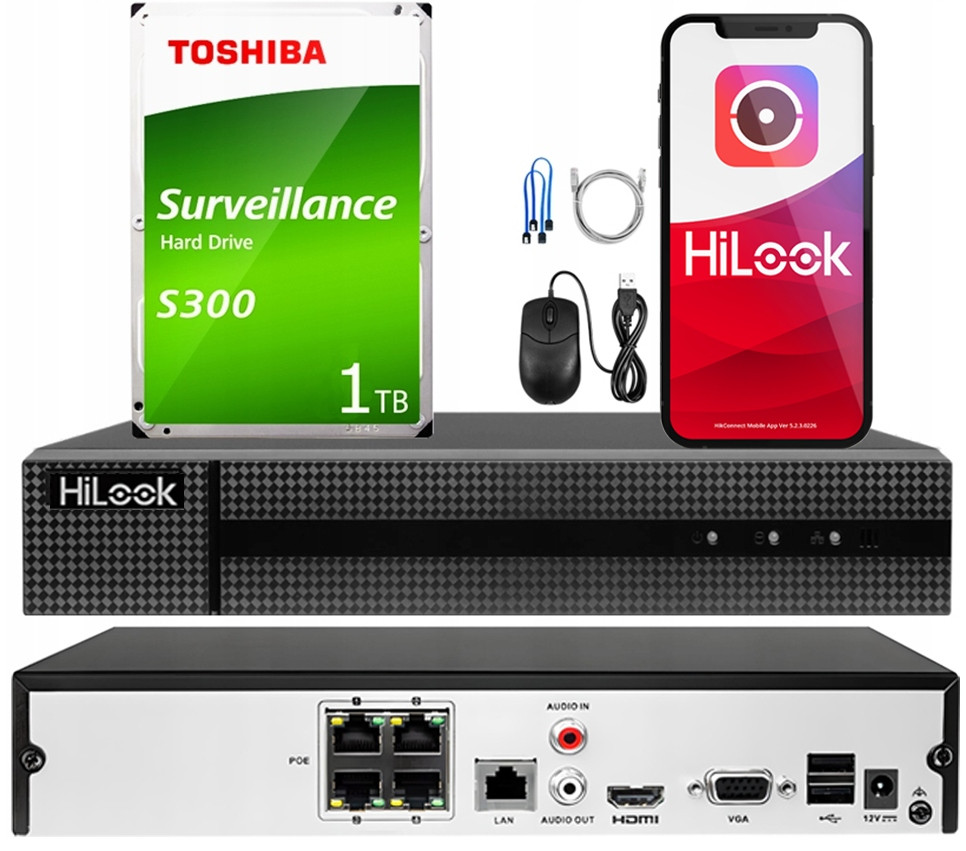 PoE rekordér HiLook NVR-4CH-5MP/4P 1TB disk Toshiba Satelite