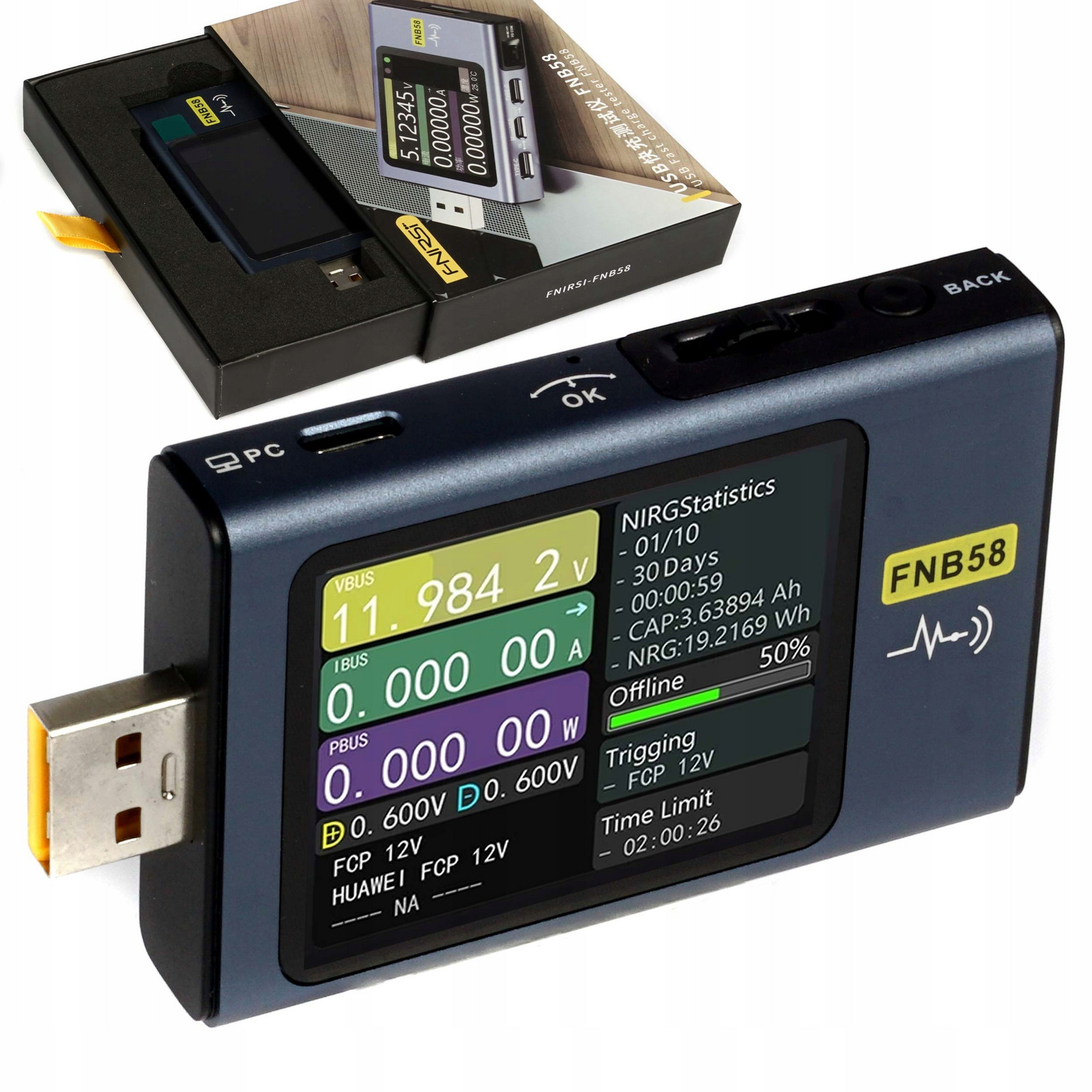 Usb tester multifunkční s Bluetooth Usb-c napětí intenzity Fnirsi FNB58