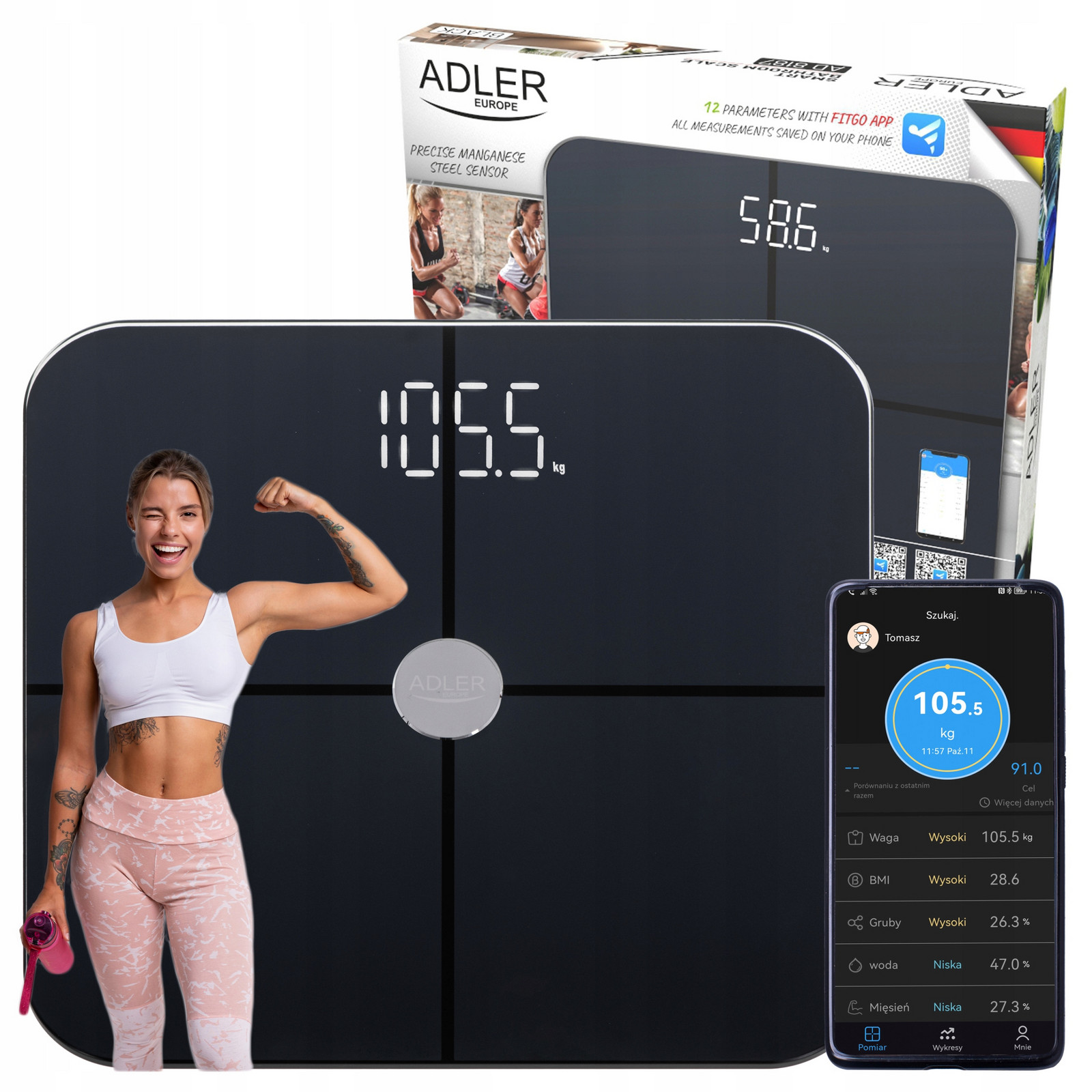 Adler Ad 8187 Black Analytická koupelnová váha – Smart aplikace FitGo