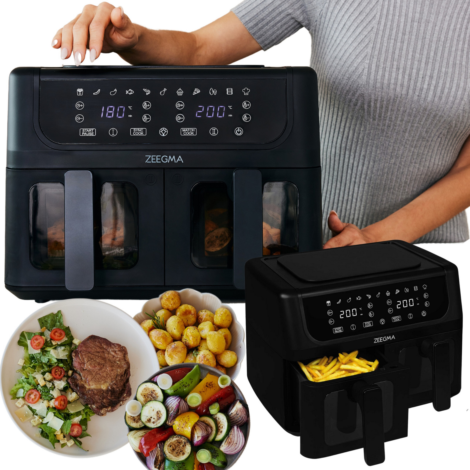 Horkovzdušná Fritéza Dvojitá 9L Air Fryer 1700W ZÁSUVKAx2 Bez Tuku