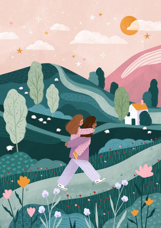 Bea Muller Ilustrace Mummy Daughter Countryside Walk, Bea Muller, 30 × 40 cm