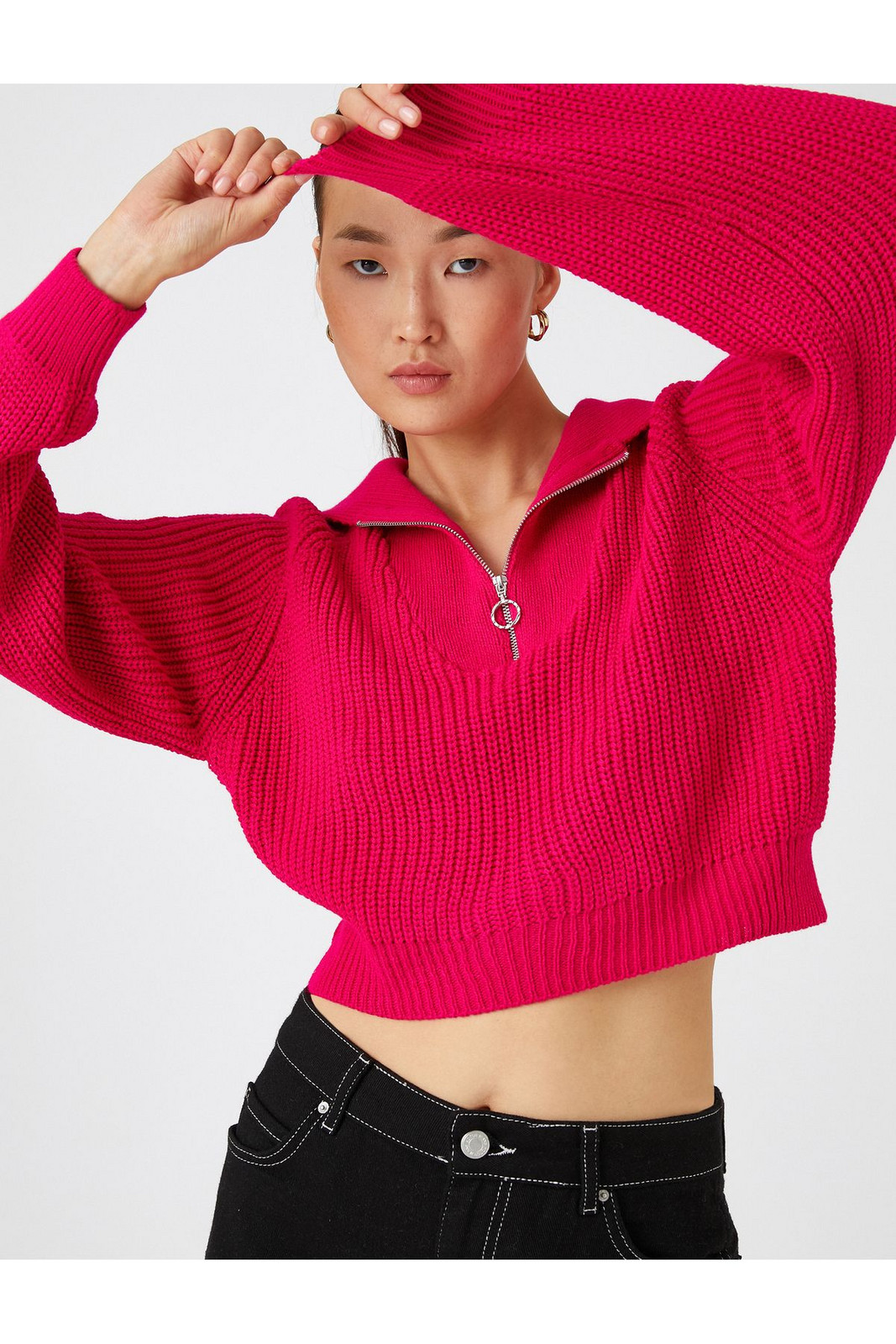 Koton Crop Knitwear Svetr Poloviční zip Dlouhý rukáv Kašmír Texturou