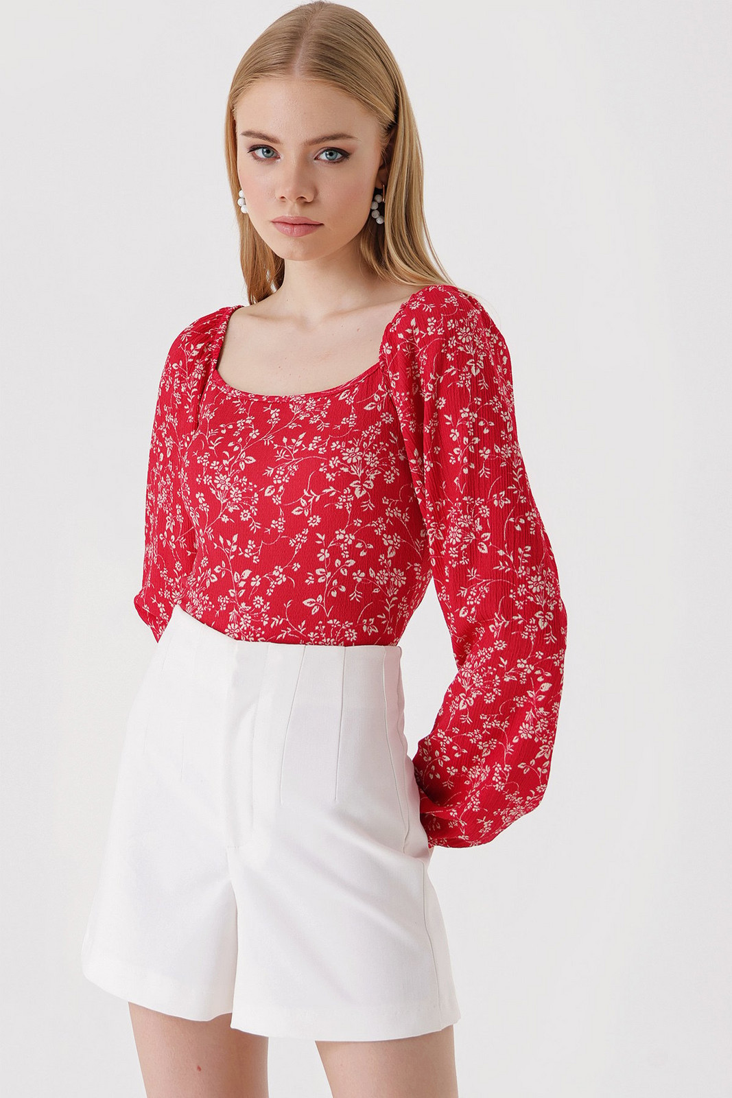 Bigdart 0465 Balloon Sleeve Knitted Blouse - Red