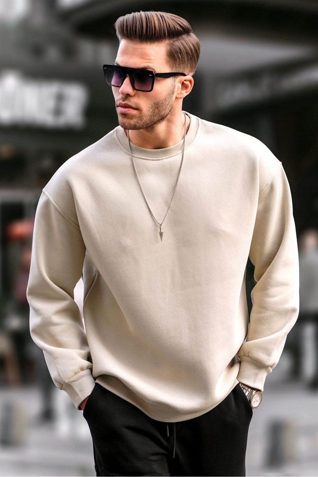 Madmext Beige Crew Neck Oversized Men's Charcoal Basic Sweatshirt 6048