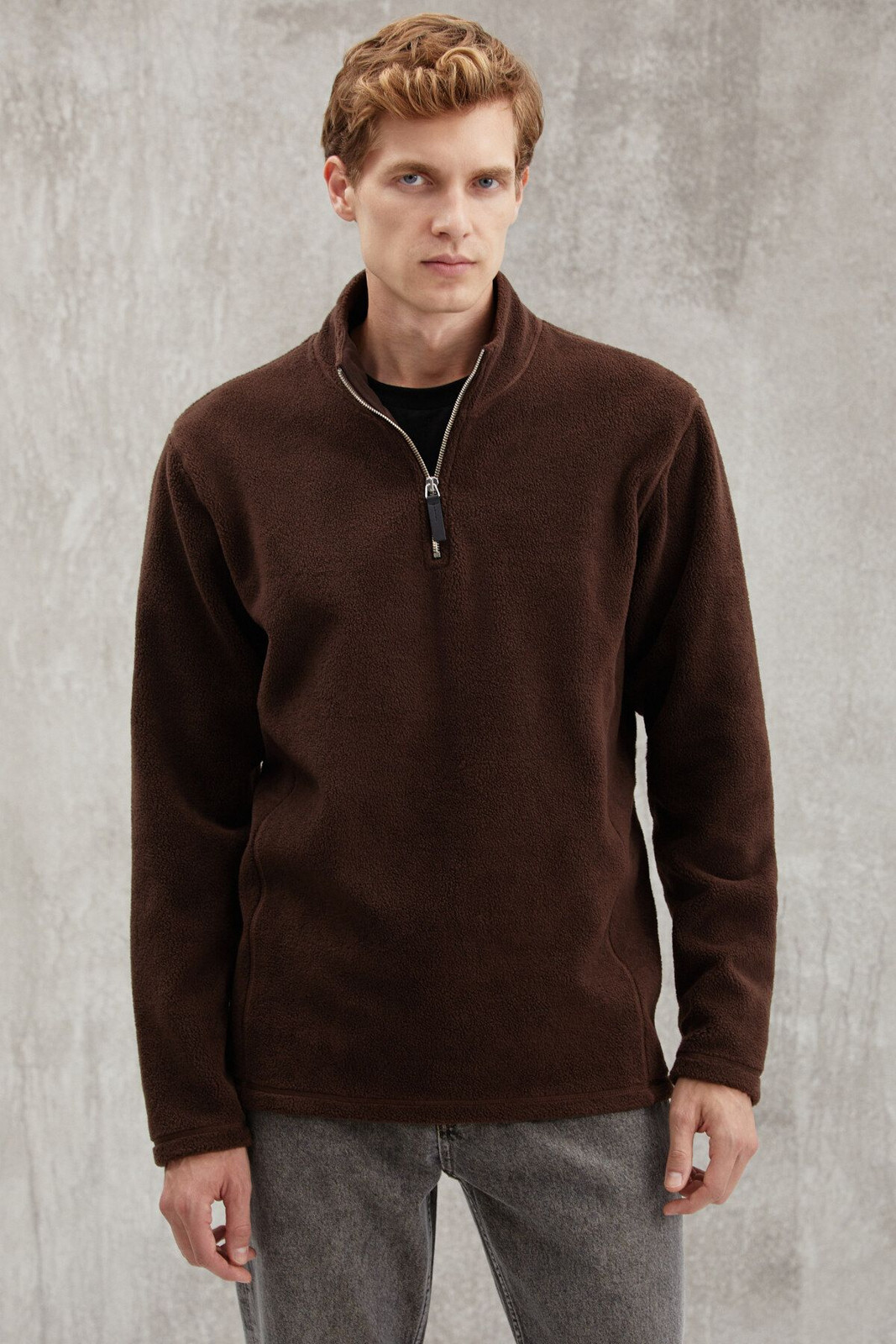 GRIMELANGE Hayes Men's Fleece Half Zipper Leather Accessories Thick Textured Comfort Fit Bitter Brown Fleece