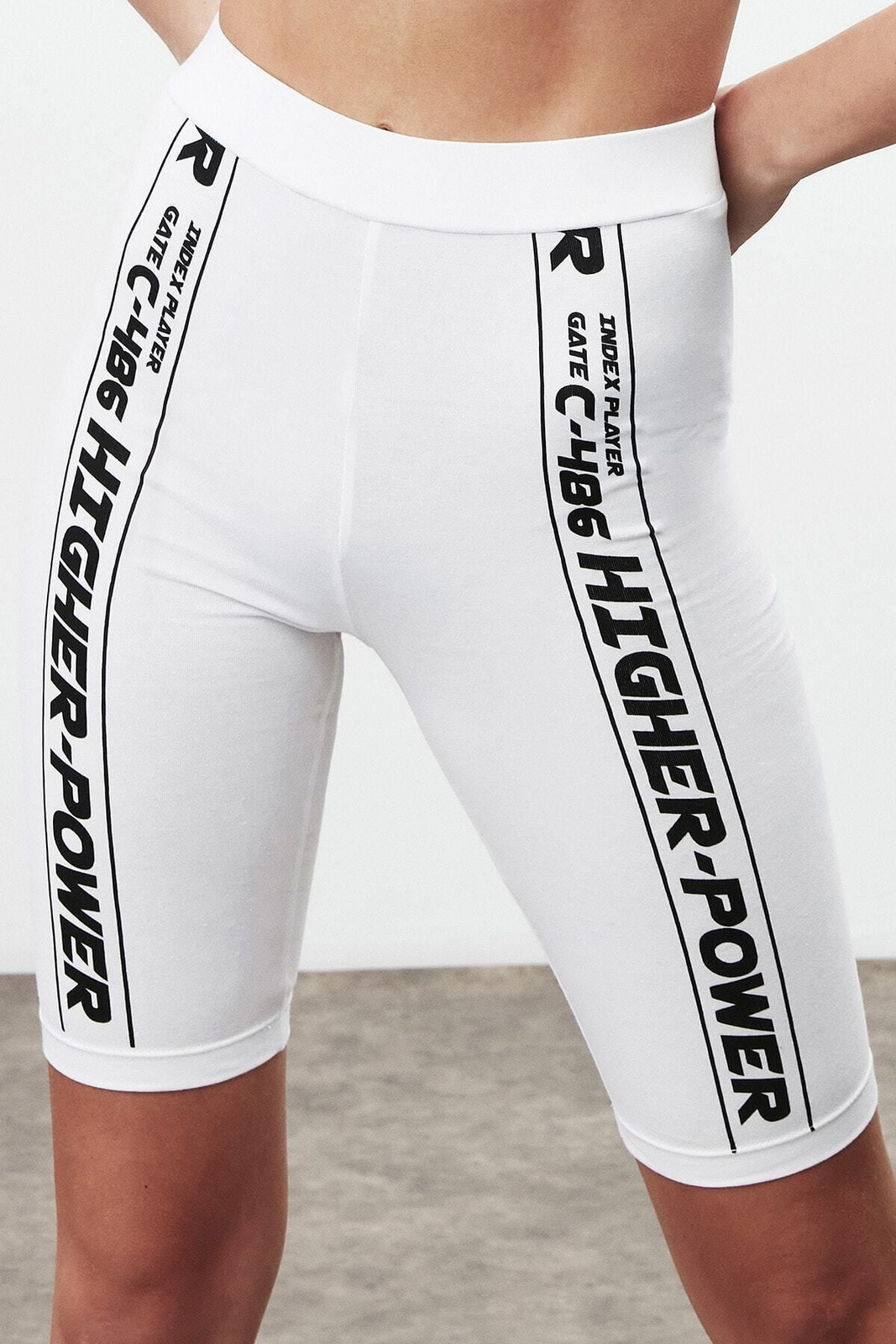 GRIMELANGE Force Women's Slogan Print Detailed Above Knee Sports Slim Fit White Tights