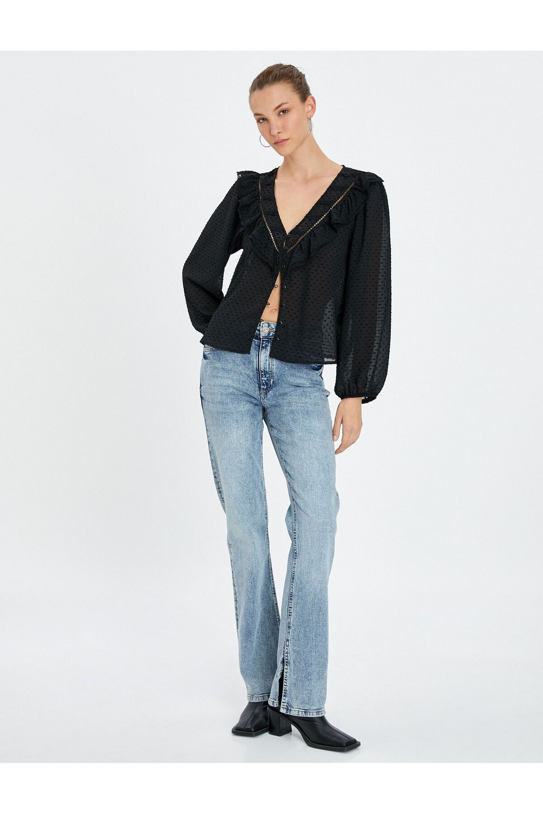 Koton Chiffon Shirt Balloon Sleeve V-Neck Frilly Buttoned