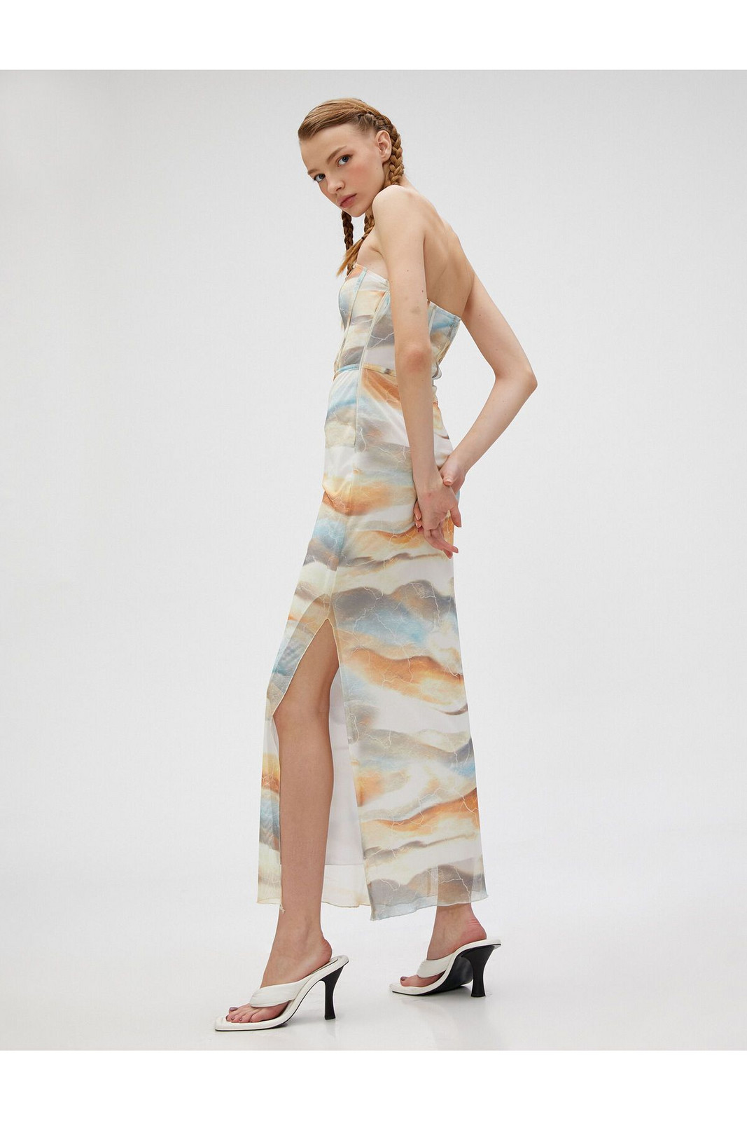 Koton Long Dress Strapless Slit Tie-dye Detailed Bodice Look