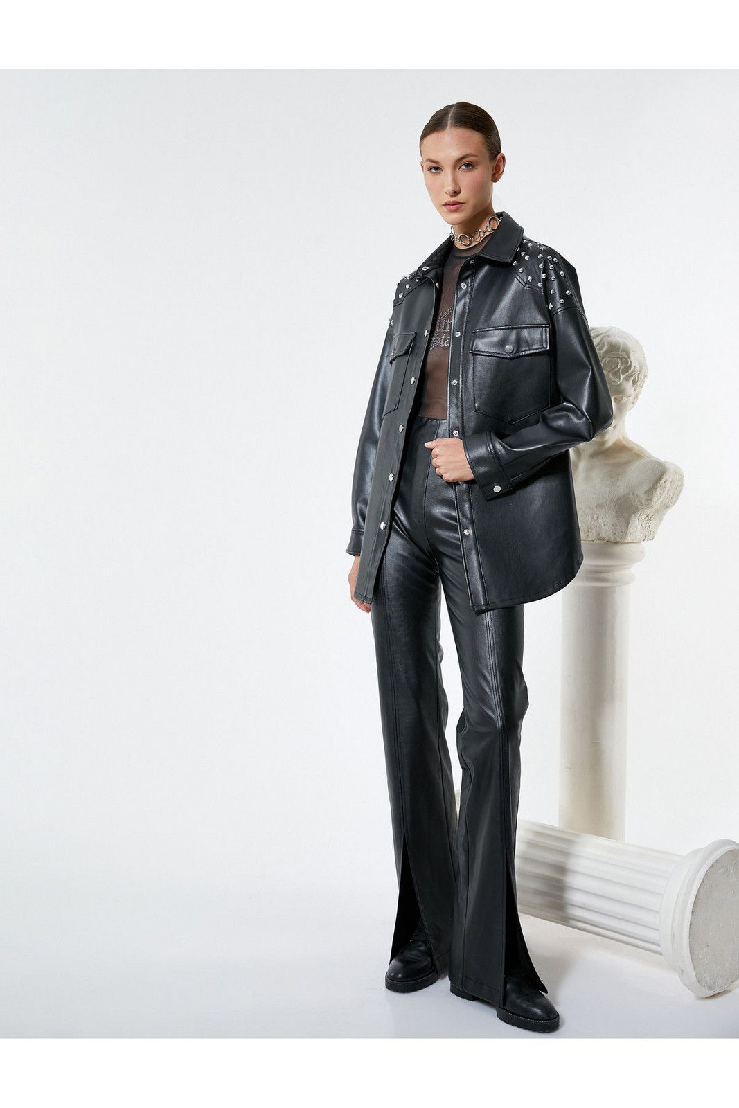 Koton Faux Leather Shirt Jacket with Staple Detail