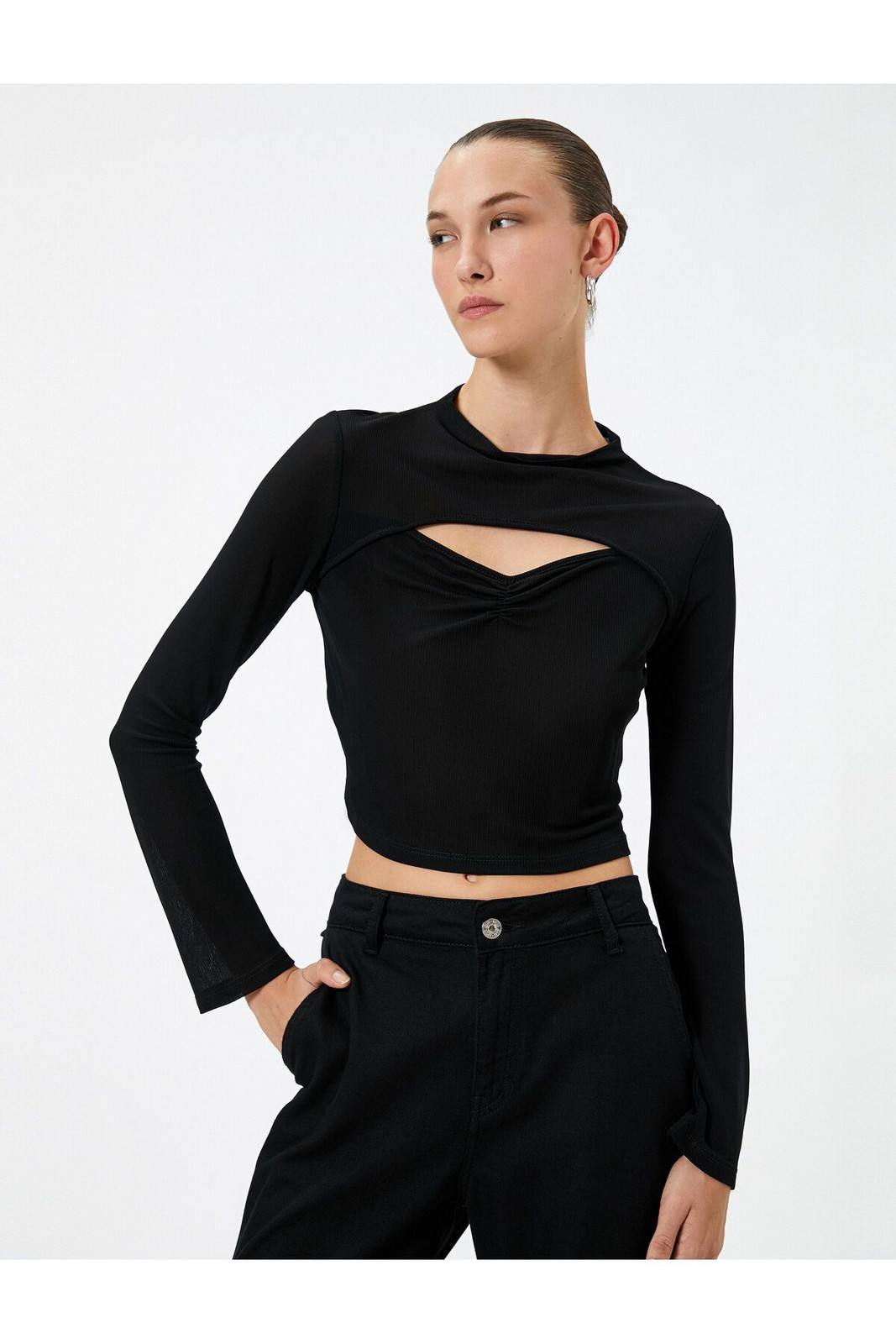 Koton Crop T-Shirt Long Sleeve Window Detailed Draped