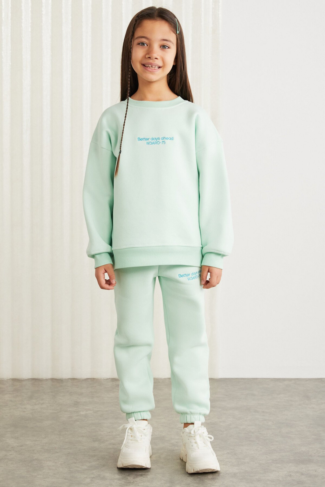 GRIMELANGE GIGI-GRM24049 75% cotton 25% polyester girls embroidered sweat jogger set Mint Green Two Piece Set