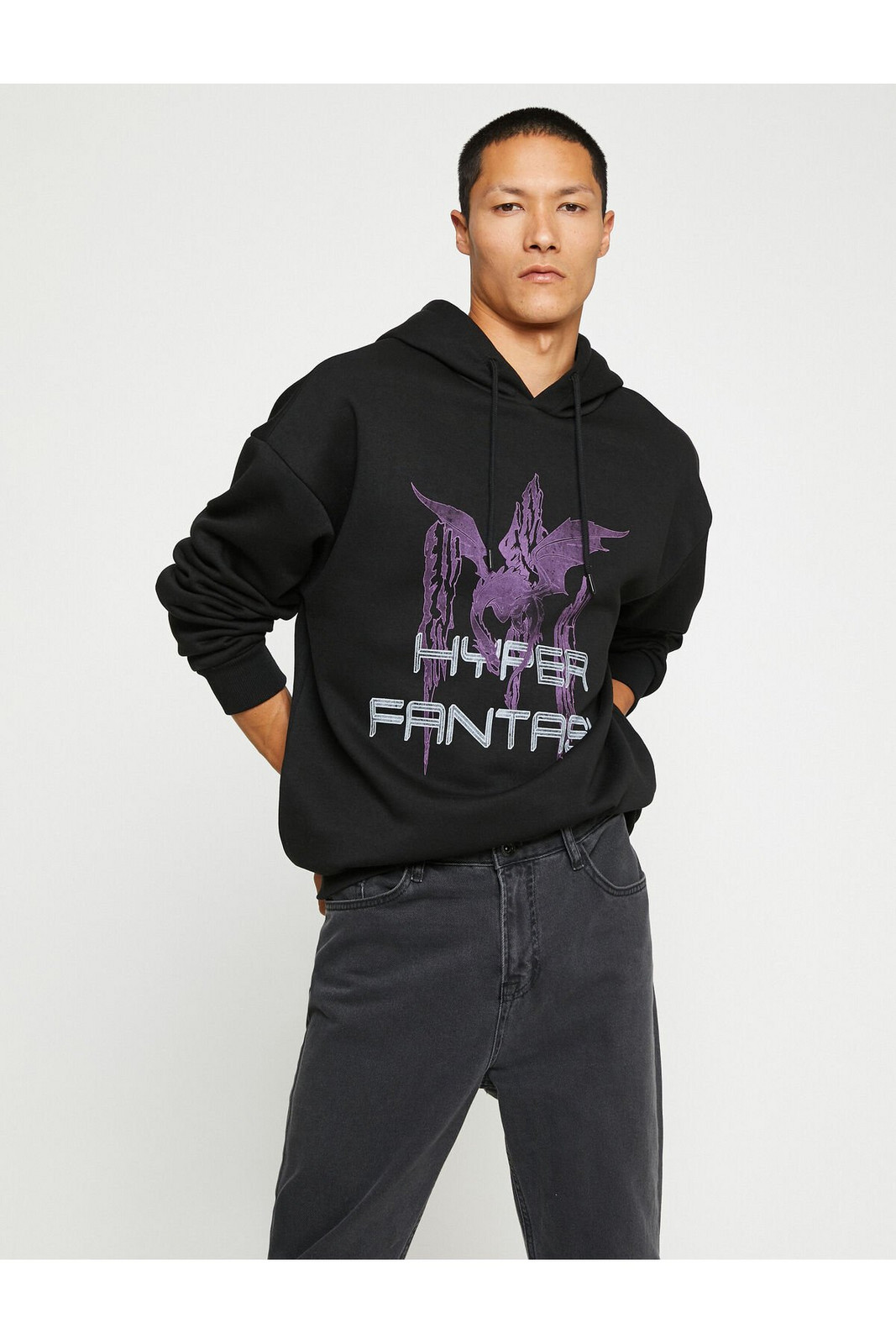 Koton Hooded Oversize Sweatshirt Raised Butterfly Printed Bat Sleeve