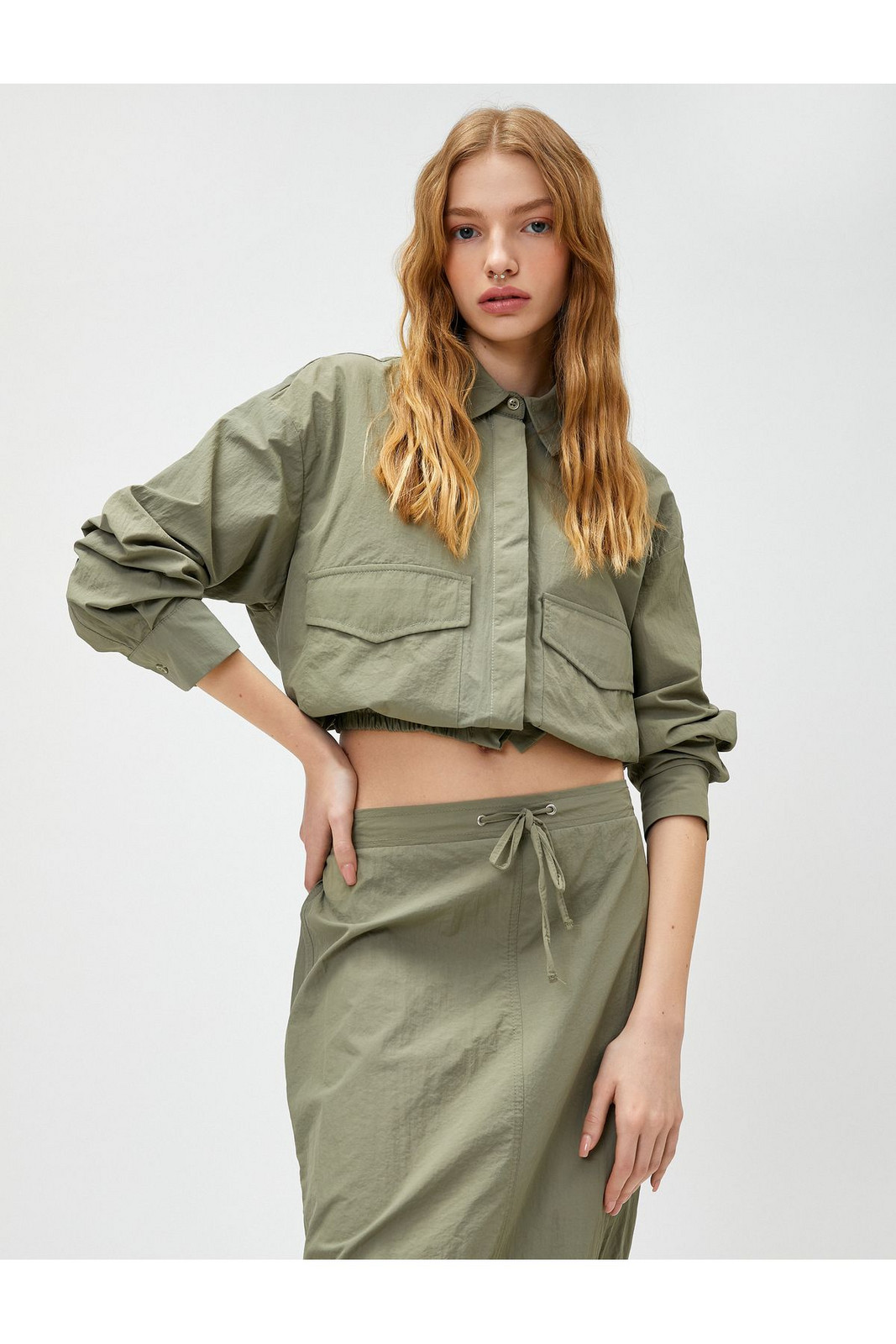 Koton Crop Shirt Long Sleeve Pocket Detailed Buttoned Elastic Waist