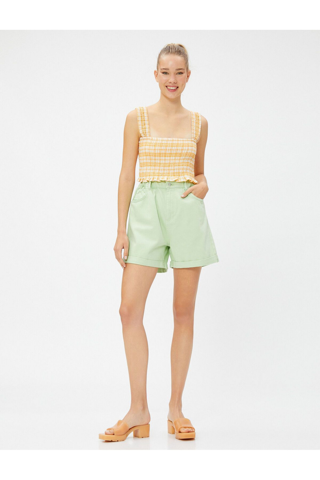 Koton High Waist Shorts With Elastic Waist, Folded Detail Cotton.