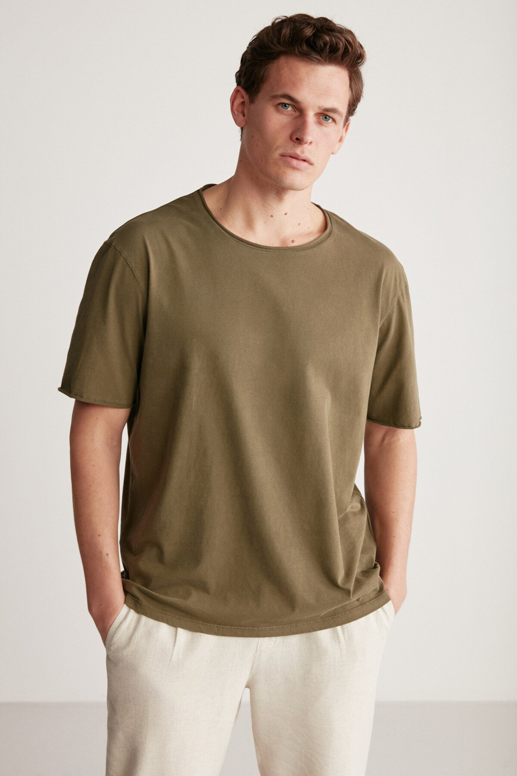 GRIMELANGE Davinson Men's Open Collar Oversize Fit 100% Cotton Khaki T-shir