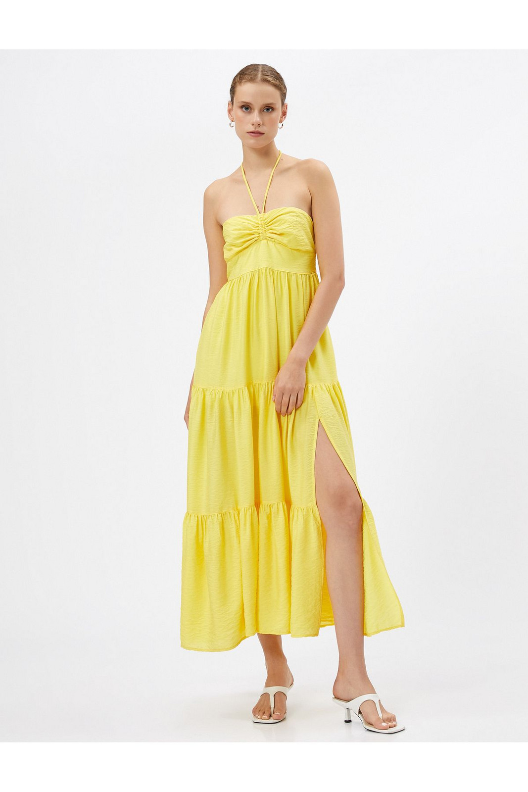 Koton Long Dress Halter Neck Flounce Draped Viscose Blended