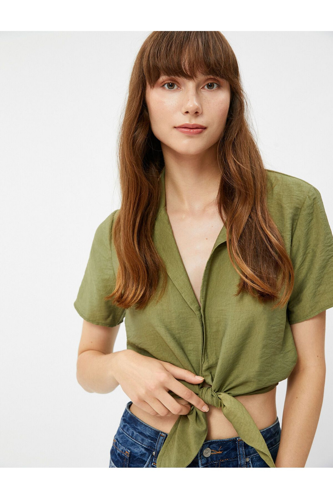 Koton Crop Shirt Front Tie Buttoned Short Sleeve Viscose Blend