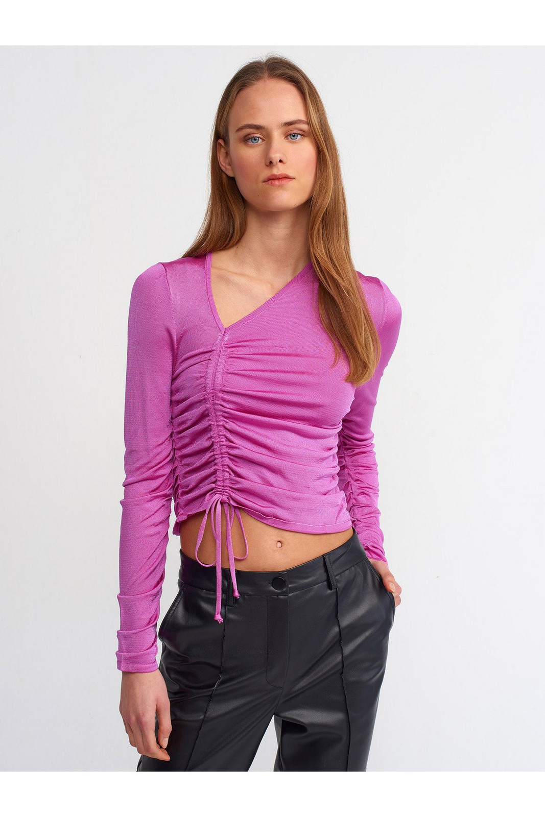 Dilvin 10364 Side V Front Gathered Sweater-fuchsia