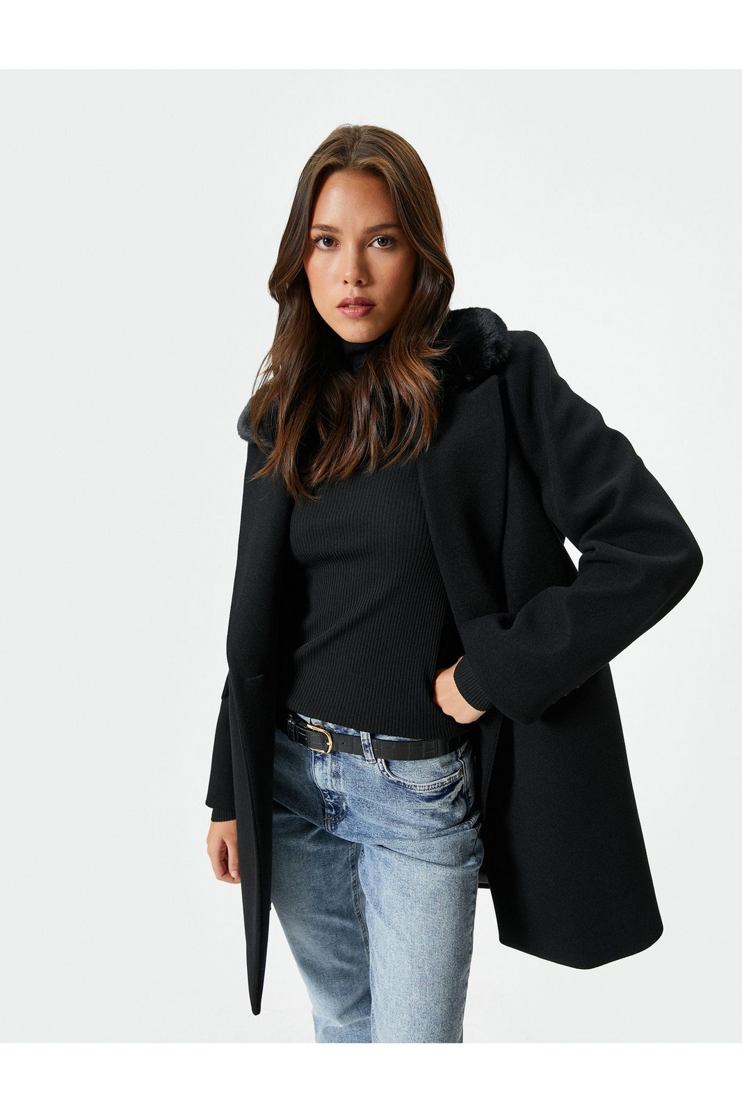 Koton Cashmere Coat with Removable Faux Für Pocket and Buttons