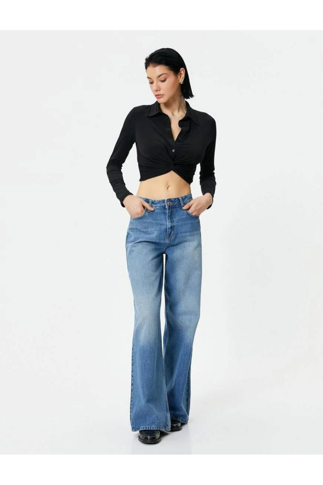 Koton Crop Shirt Slim Fit Classic Collar with Binding Detail