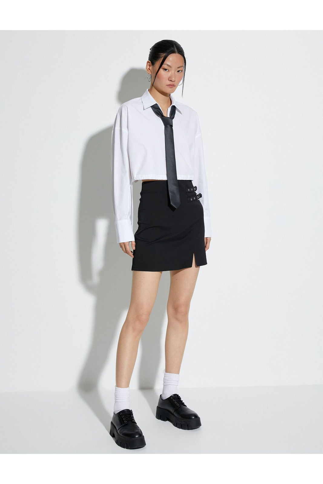 Koton Crop Shirt Elastic Waist Long Sleeve Buttoned Cuff Collar Cotton Poplin