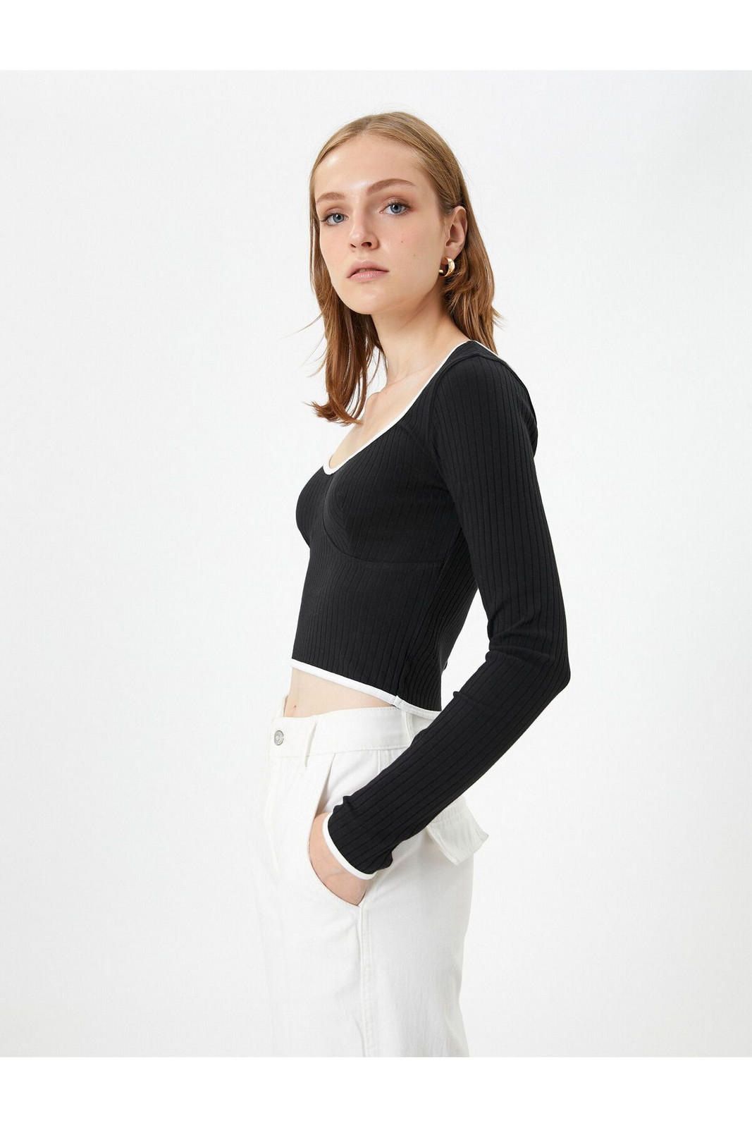 Koton Crop T-Shirt Long Sleeve U Neck Piping Detailed Ribbed