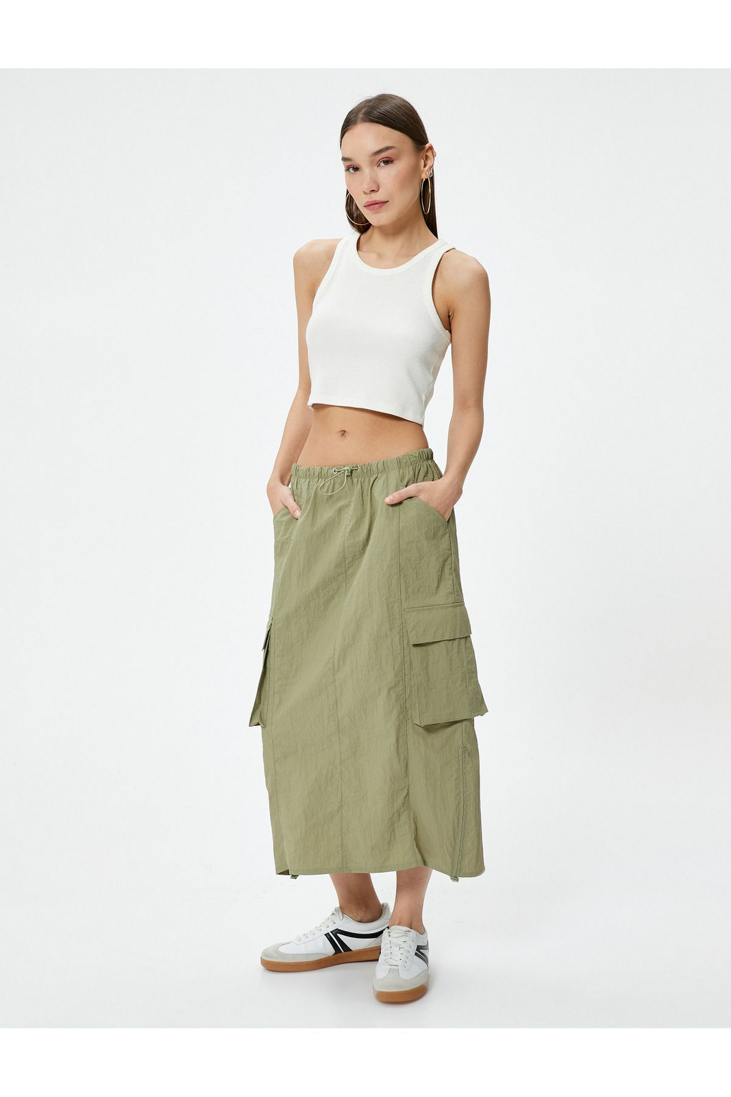 Koton Cargo Midi Skirt Parachute Fabric Elastic Waist Stopper Detailed