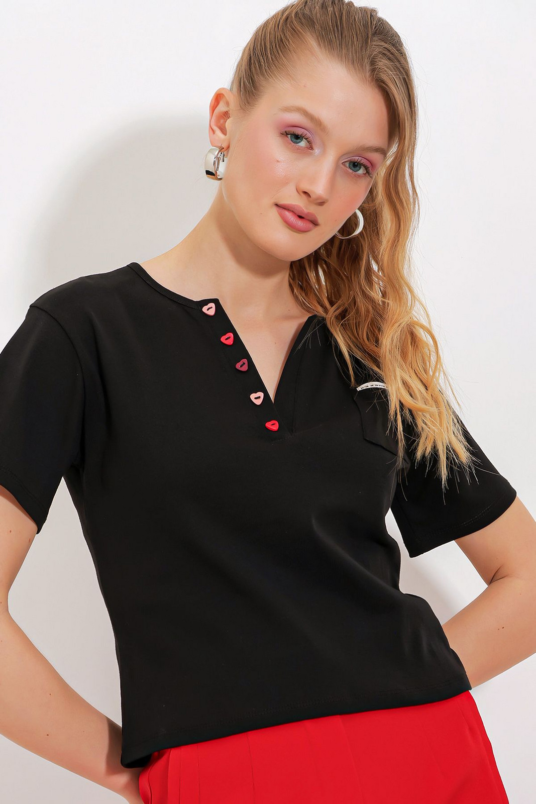 Bigdart Women's Black Button Detailed Short Sleeve T-Shirt 903