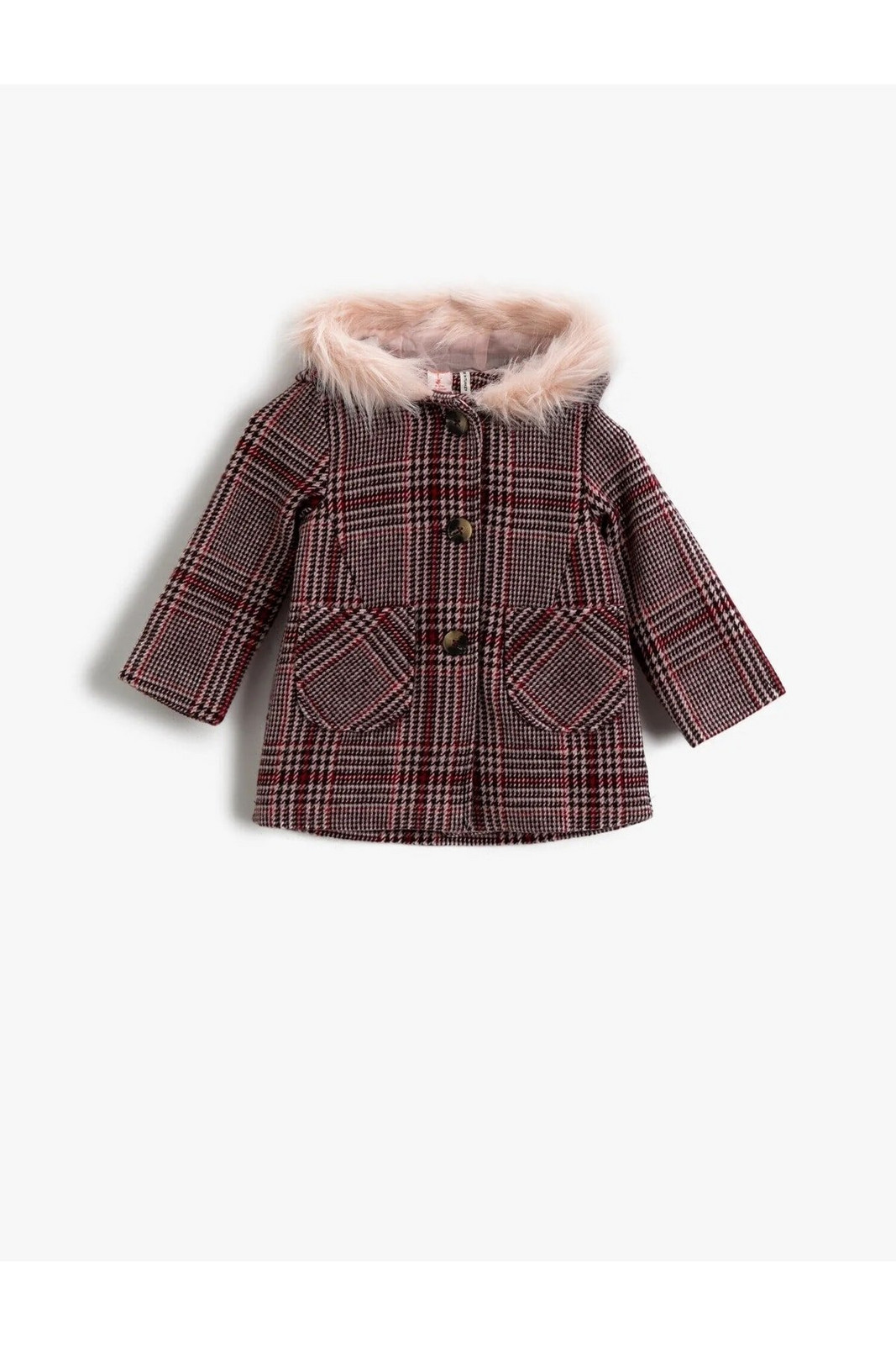 Koton Baby Girl Fur Collar Coat Plaid Hooded Baby Girl Fur Collar Coat Plaid Hooded