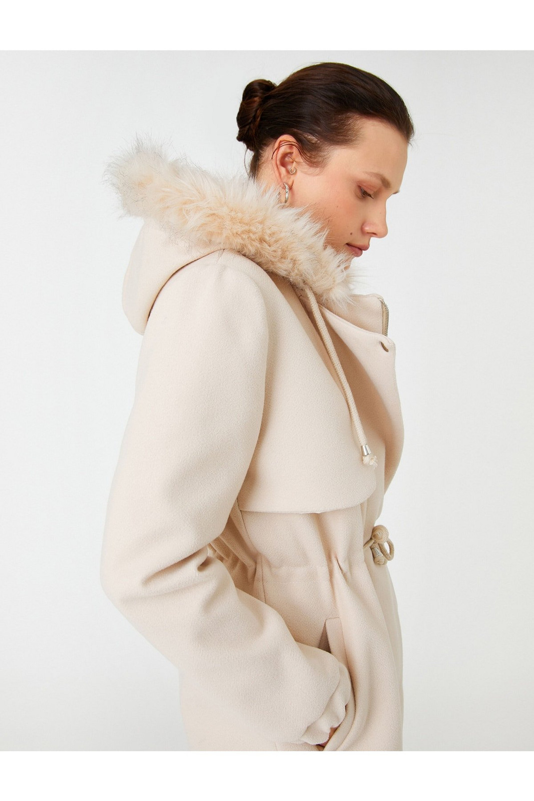 Koton Hooded Coat with Plush Detail and Tied Waist