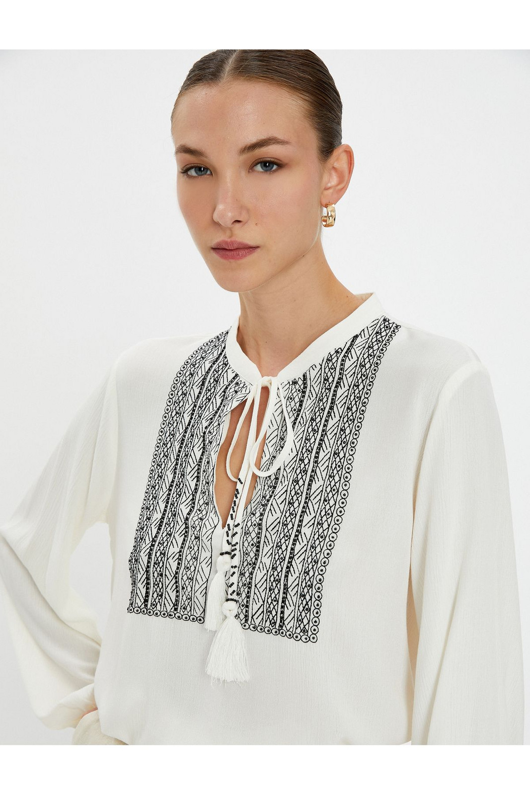 Koton Bohemian Blouse with Embroidery Detail Long Sleeve