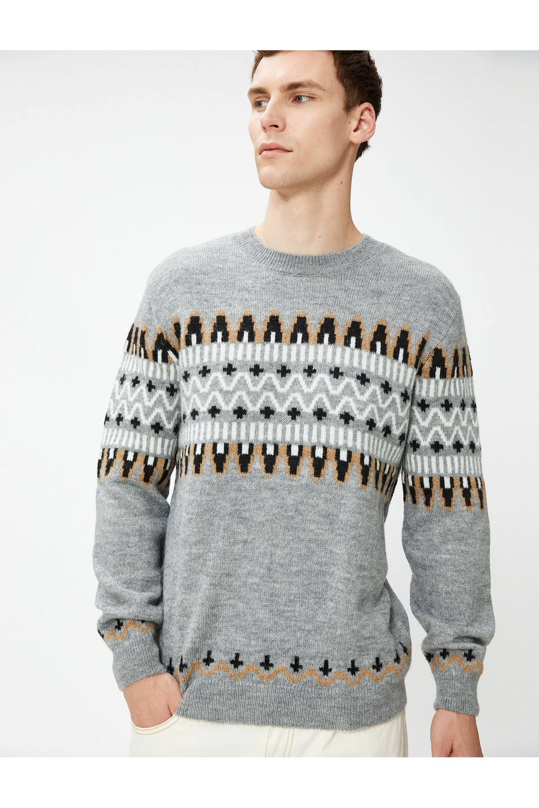 Koton Ethnic Patterned Knitwear Sweater Crew Neck Long Sleeve