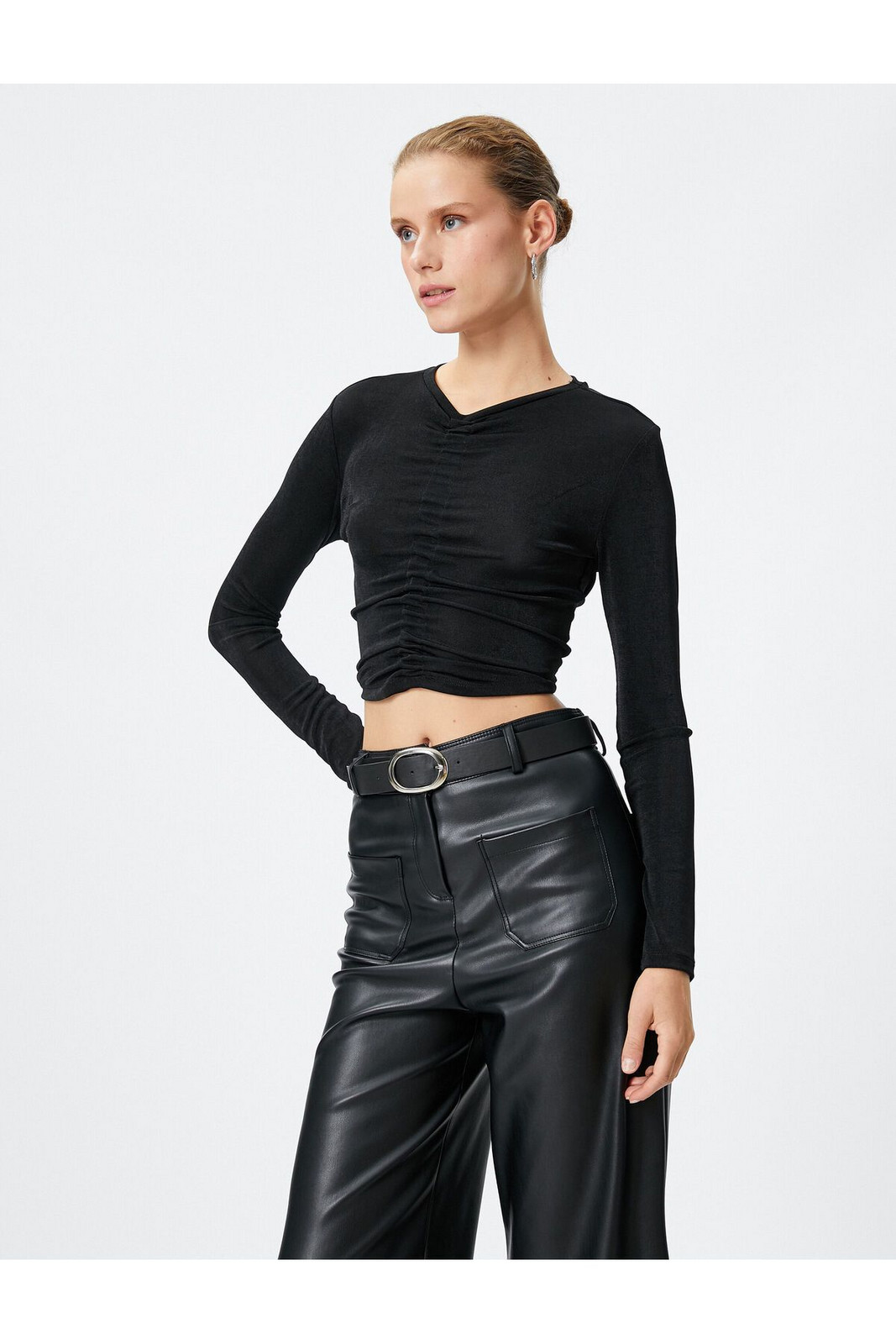 Koton Long Sleeve T-Shirt Crop Gathered Front