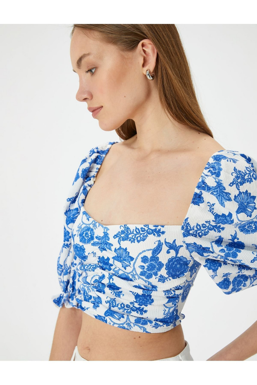 Koton Crop Floral Blouse Square Neck Balloon Sleeves