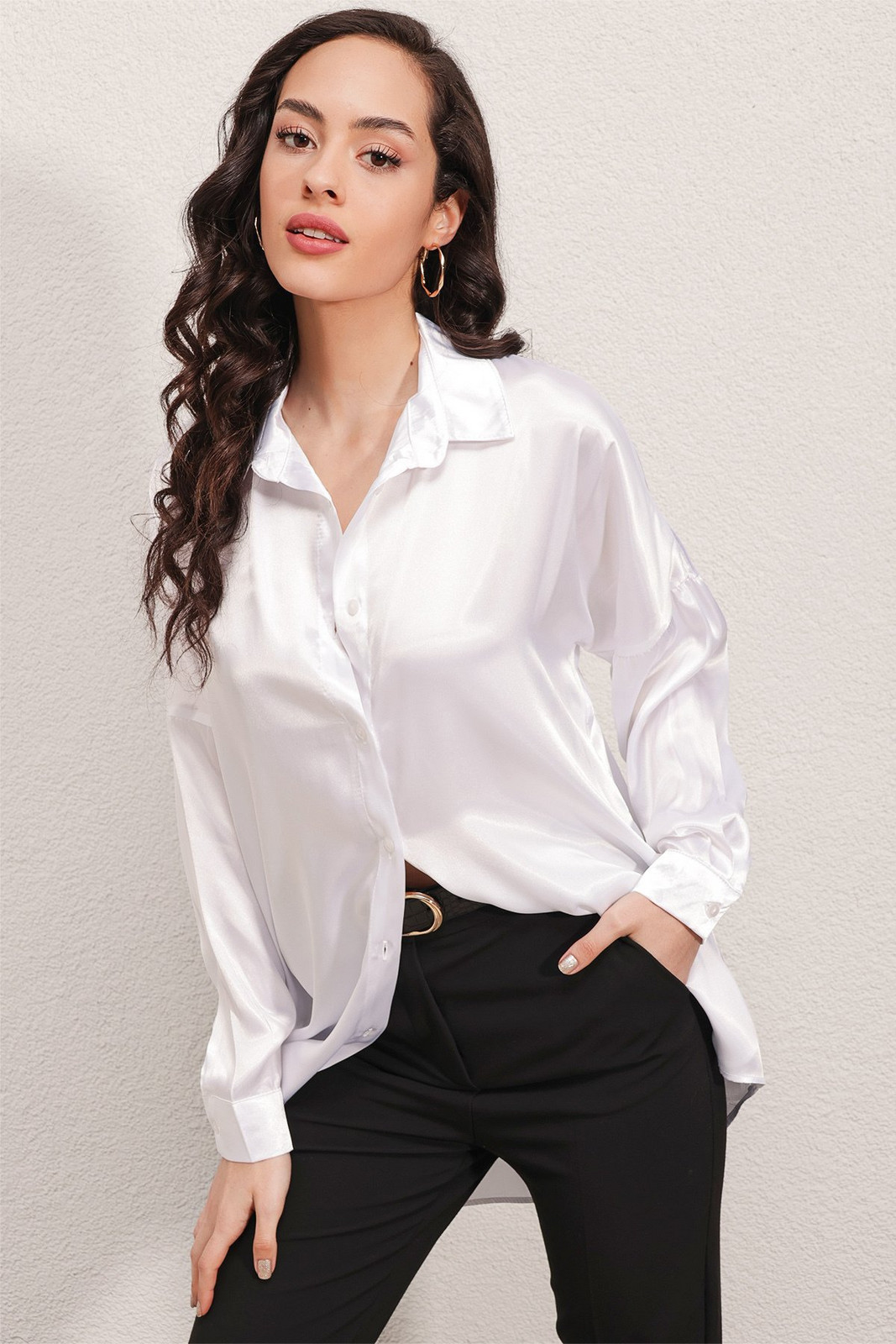 Bigdart 3985 Oversize Satin Shirt - White