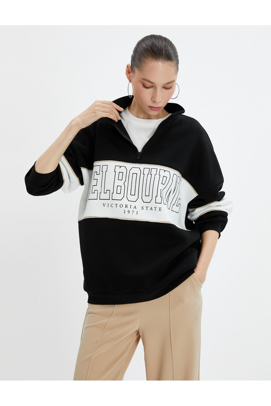 Koton College Oversize Sweatshirt Half-Zip Stand-Up Collar Branded Cotton.