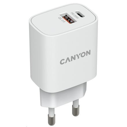 CANYON nabíječka do sítě H-20-04, 1x USB-C PD 20W, 1x USB-A QC 3.0 18W, bílá