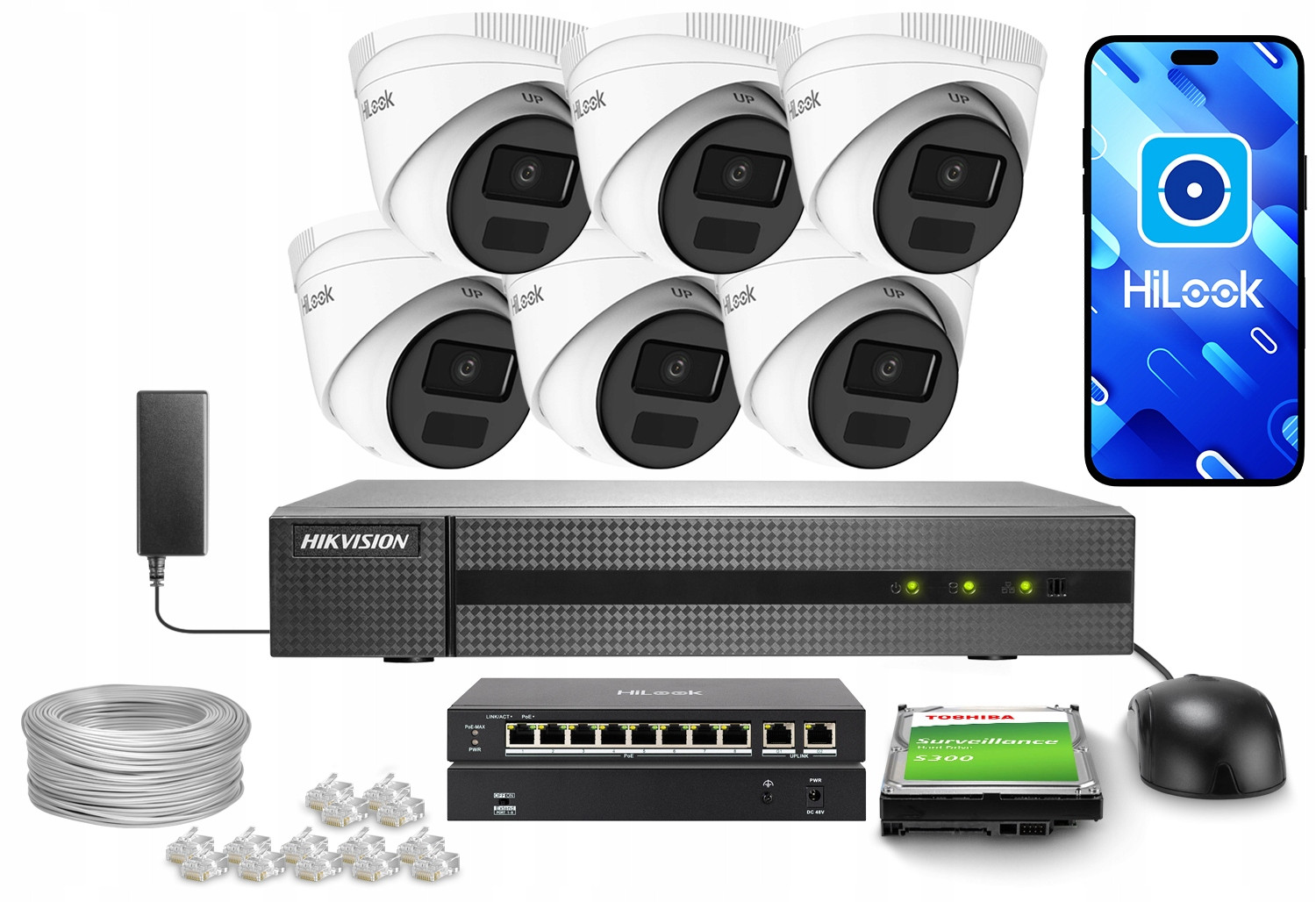 Monitorovací sada 6x IPCAM-T2-P 4Mpx aplikace HiLook by Hikvision