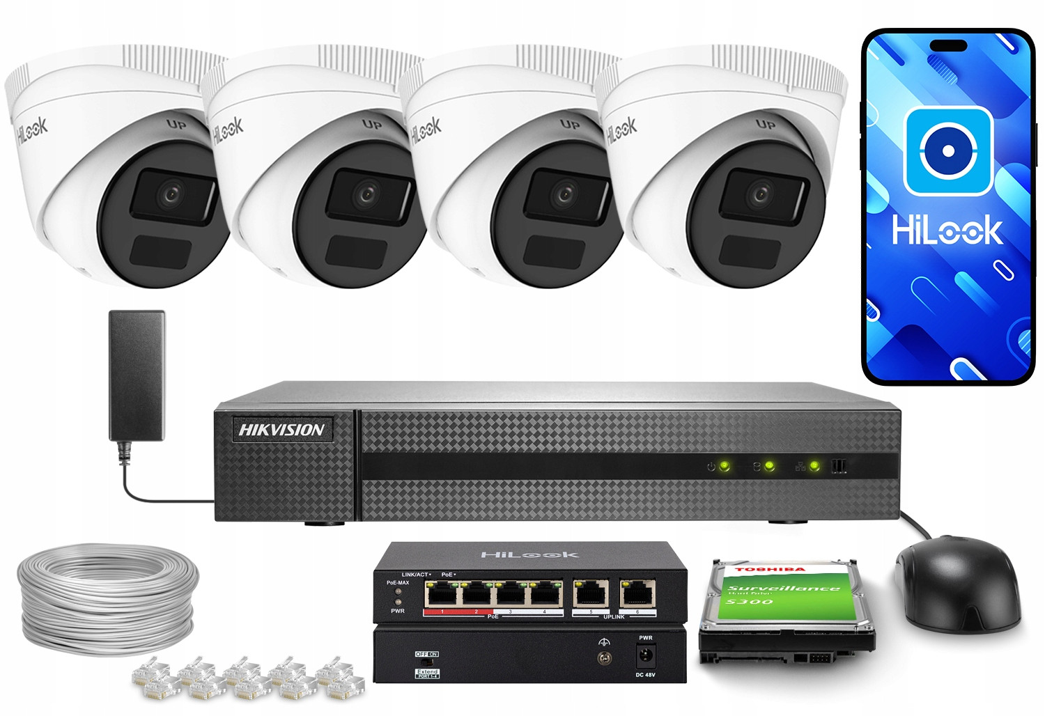 Monitorovací set 4x IPCAM-T2-P 4Mpx Aplikace HiLook by Hikvision