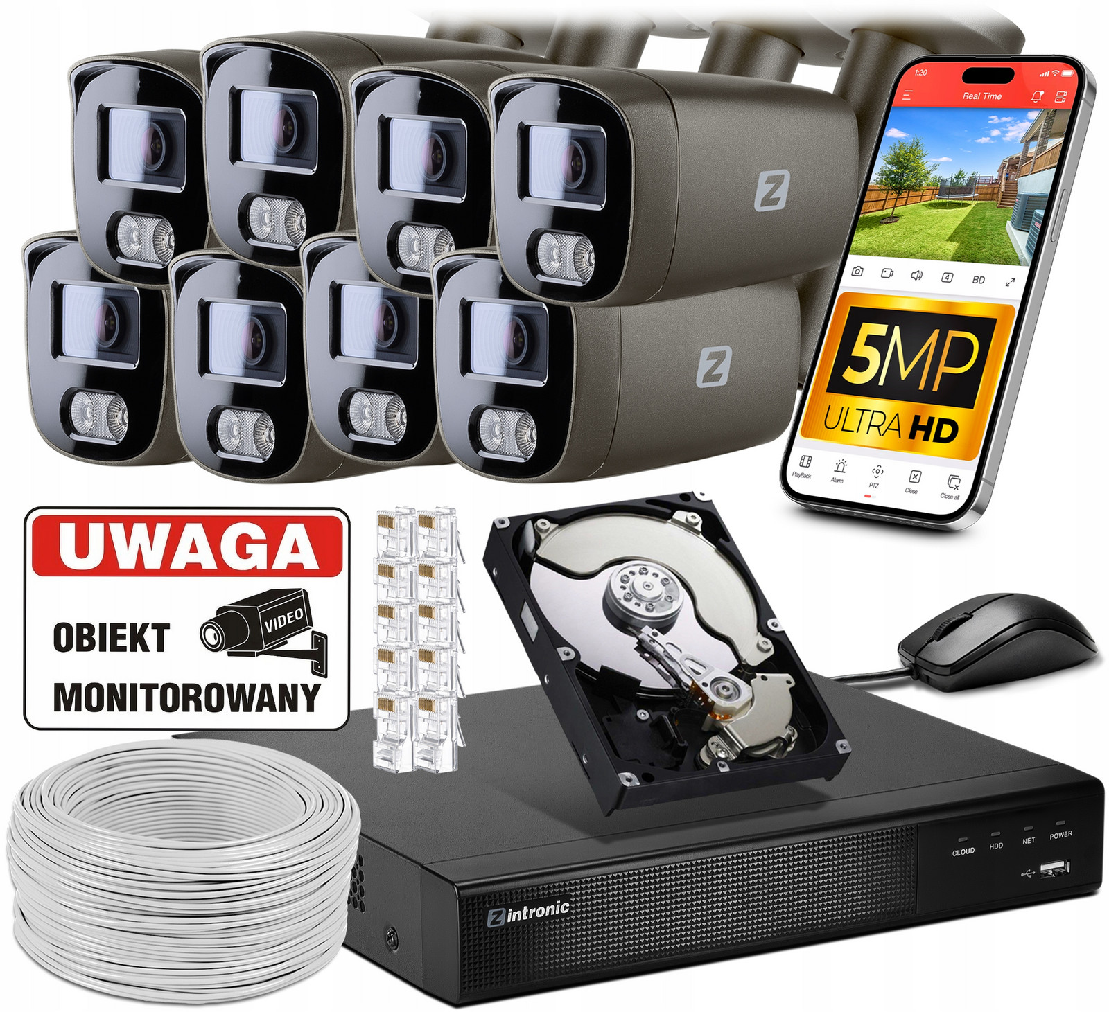 Ip monitorovací sada Poe B5 Dark 5MPx8 Kamer 5MP Audio Aplikace Šedá