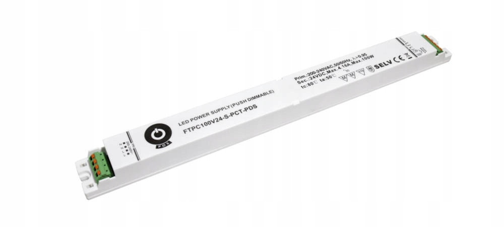 Led zdroj 12V/8.33A, slim plastic case, Push in Clamp Terminals, Push di