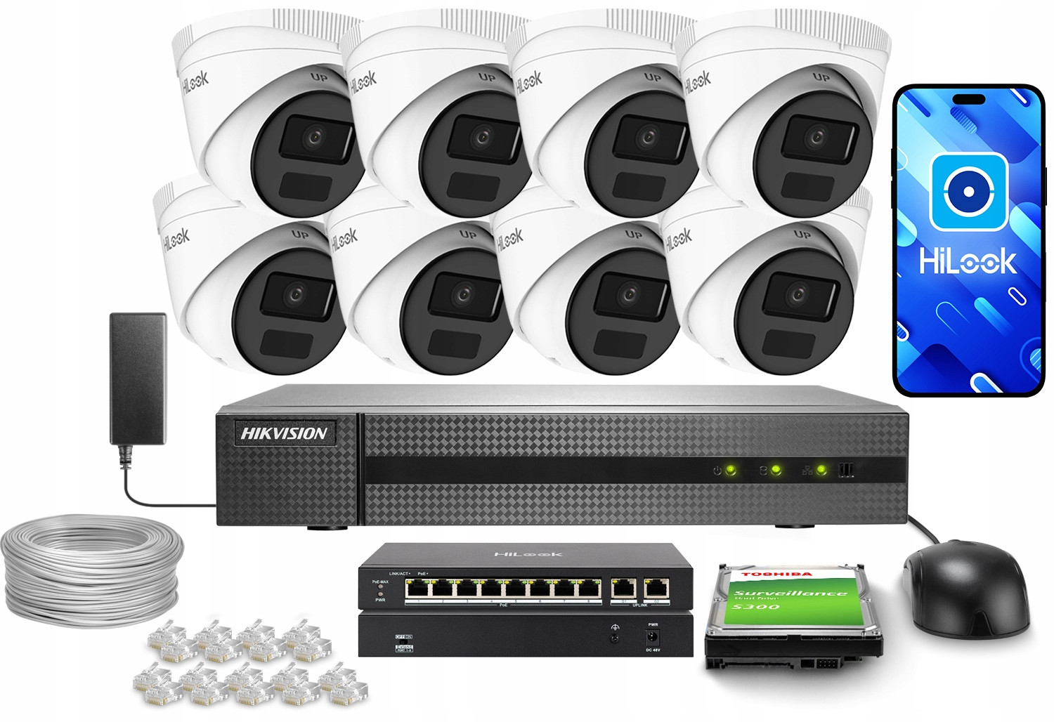 Monitorovací set 8x IPCAM-T2-P 4Mpx aplikace HiLook by Hikvision