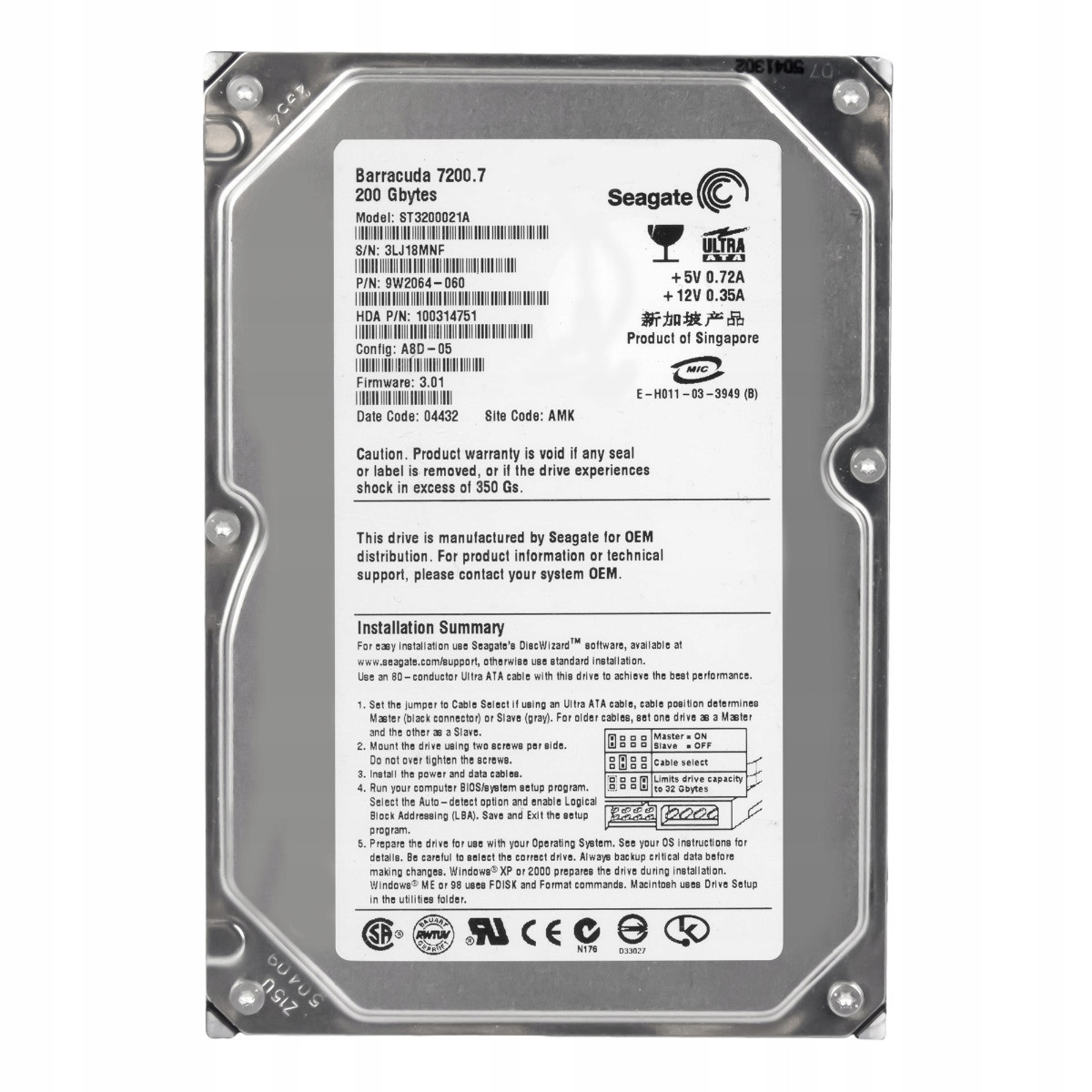 Seagate Barracuda 7200.7 200GB 7.2K 2MB Ata 3.5'' ST3200021A