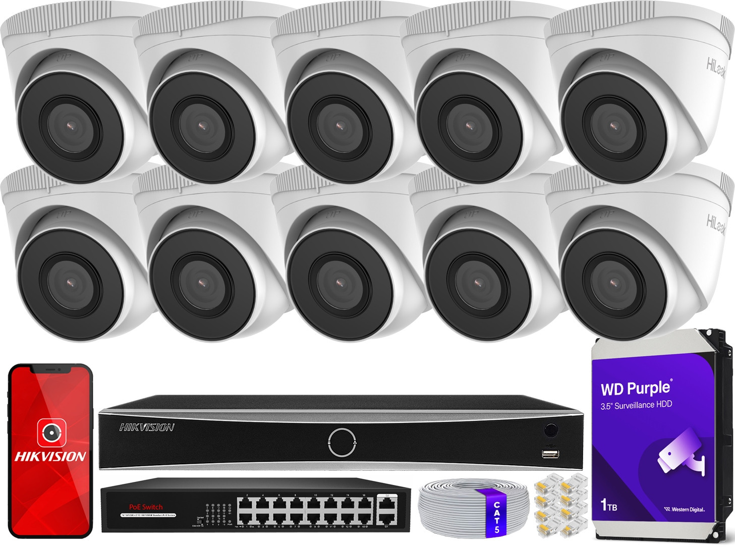 Ip monitorovací sada 10 kamer 5MPx IPCAM-T5 rekordér Hikvision 16xPoE