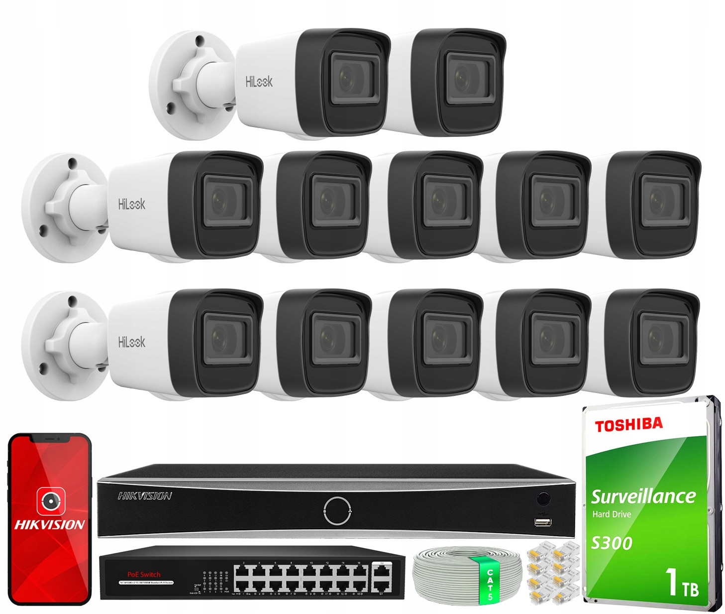 Ip monitorovací set 12 Full Hd PoE kamer IPCAM-B2-P HiLook by Hikvision