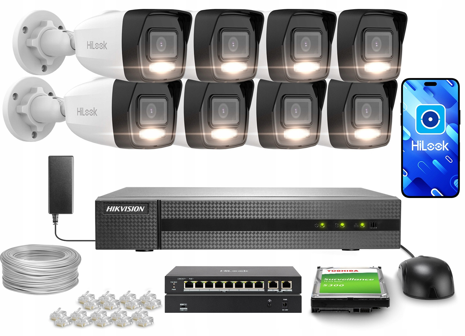 Monitorovací sada 8x IPCAM-B6-30DL 6Mp Aplikace HiLook by Hikvision