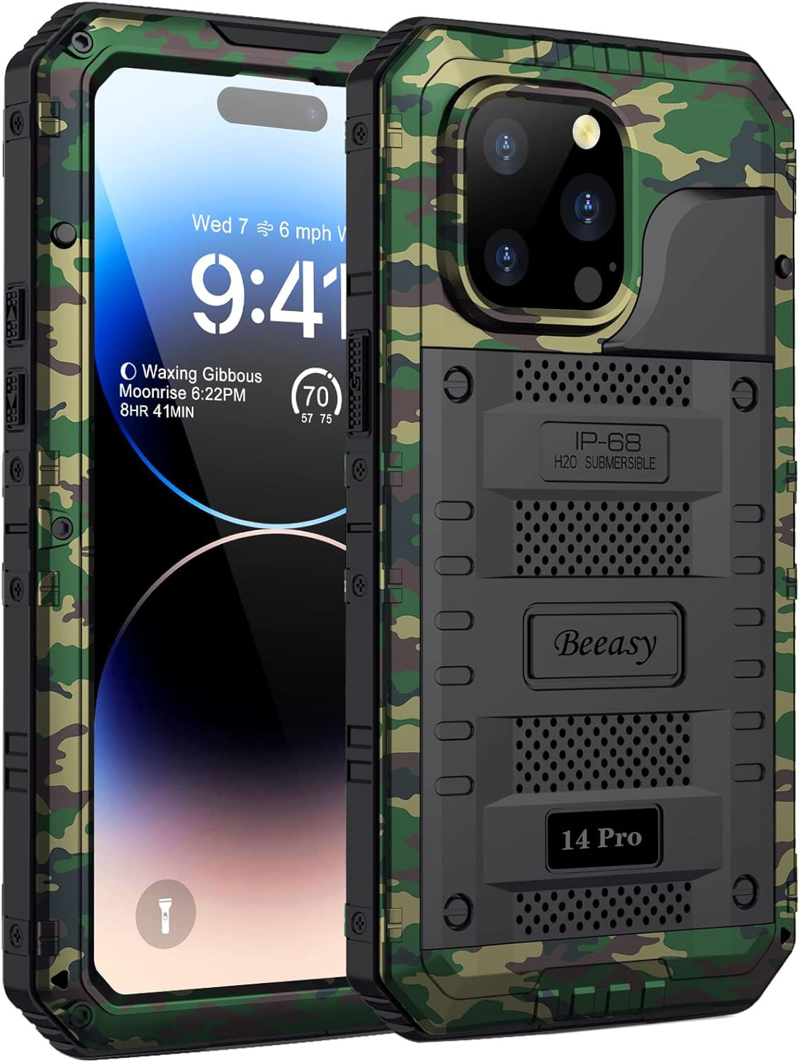 Beeasy pouzdro pro iPhone 14 Pro voděodolné pancéřové kovové kryt 360 maskáčový